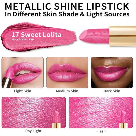 🆕 Metallic Hot Pink Lipstick Lightweight Soft Hydrating Vegan Full-Coverage Lip - Picture 3 of 10